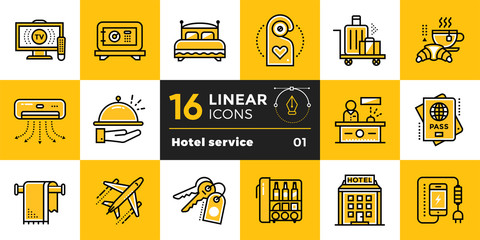 Linear icons set of hotel services. Suitable for print, website and presentation - obrazy, fototapety, plakaty