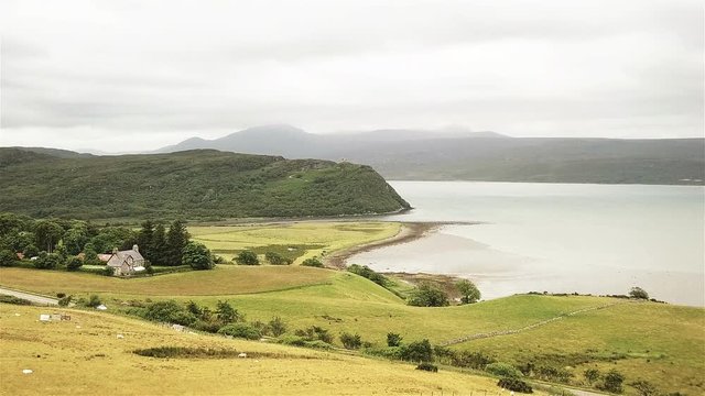 Kyle of Tongue, Scottish Highlands, Scotland; forward aerial drone
