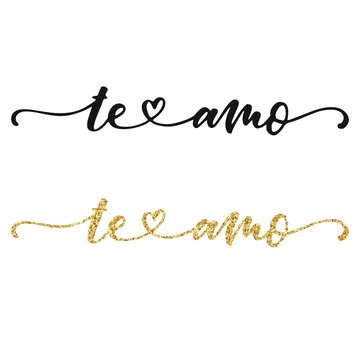 Hand lettering love you in spanish, black ink, with golden glitter texture, isolated on white background. Vector illustration. Can be used for Valentine's day design.