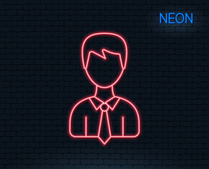 Neon light. Male User line icon. Profile Avatar sign. Businessman Person silhouette symbol. Glowing graphic design. Brick wall. Vector