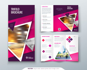 Bifold brochure design. Red, orange template for bii fold flyer. Layout with modern triangle photo and abstract background. Creative concept folded flyer or brochure.