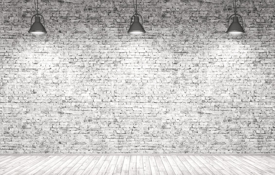 Brick wall, wooden floor and lamps  background 3d render
