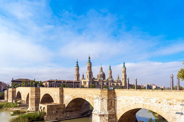 The Cathedral-Basilica of Our Lady of Pillar - a roman catholic church, Zaragoza, Spain. Copy space for text.