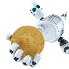 Robot holding gold bitcoin. 3D illustration. Isolated. Contains clipping path