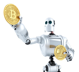 Golden bitcoin coin shining in the robots hand. 3D illustration. Isolated. Contains clipping path