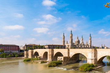 The Cathedral-Basilica of Our Lady of Pillar - a roman catholic church, Zaragoza, Spain. Copy space for text.