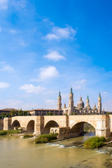 The Cathedral-Basilica of Our Lady of Pillar - a roman catholic church, Zaragoza, Spain. Copy space for text. Vertical.