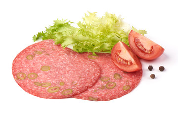 Traditional slices salami smoked sausage, combined with green olive, isolated on white background.