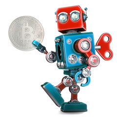 Fototapeta premium Retro Robot holding bitcoin coin. 3D illustration. Isolated. Contains clipping path