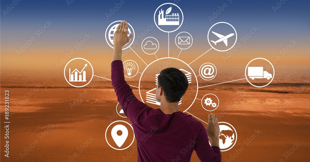 Poster man touches interface with back background