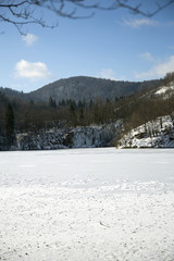 Plitvice lakes national park in Croatia, winter landscape
