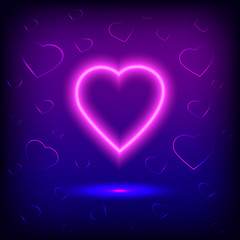 Bright heart. Neon sign. Retro neon heart sign on purple background. Ready for your design, greeting card, banner.