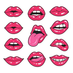 Fotobehang Lips patches collection. Vector illustration of sexy doodle woman's lips expressing different emotions, such as smile, kiss, half-open mouth, biting lip, lip licking, tongue out. Isolated on white. © nadzeya26