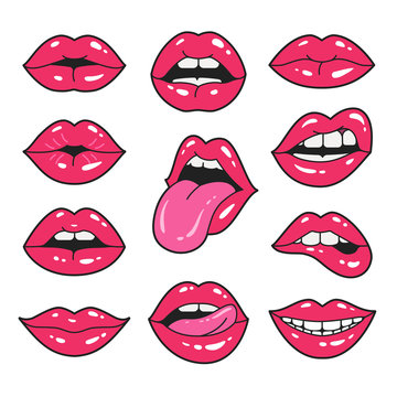 Lips patches collection. Vector illustration of sexy doodle woman's lips expressing different emotions, such as smile, kiss, half-open mouth, biting lip, lip licking, tongue out. Isolated on white.