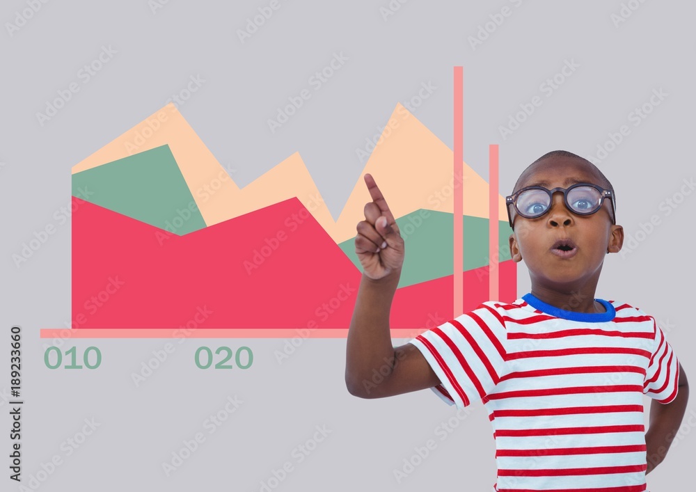 Poster boy pointing up with colorful chart statistics