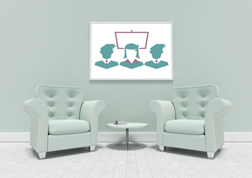 Business people on white board in green room