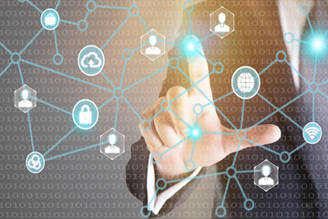 View of a Business network connection displayed on a futuristic interface with technology icon - Worldwide business concept 