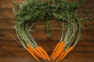 Carrot here shaped on a dark wood background. tinting. selective focus