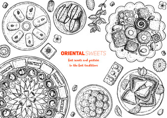 Oriental sweets vector illustration. Middle eastern food, hand drawn sketch. Linear graphic. Food menu background.