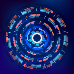 Futuristic interface, technology circle with white button in the center, techno geometrical background. Vector illustration.