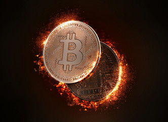 Flaming Bitcoin coin. 3D illustration