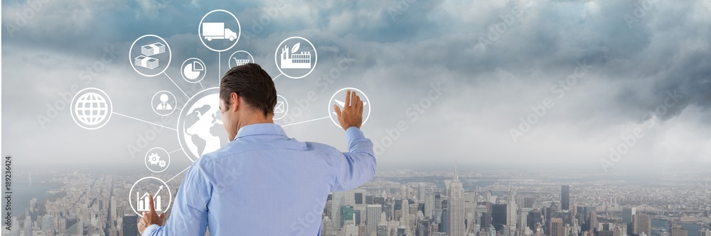 Poster man touching interface with city background
