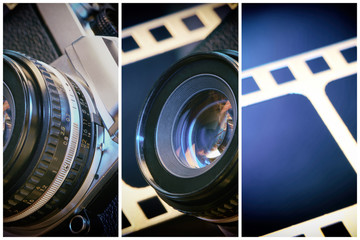 Lens SLR camera on background of perforation film