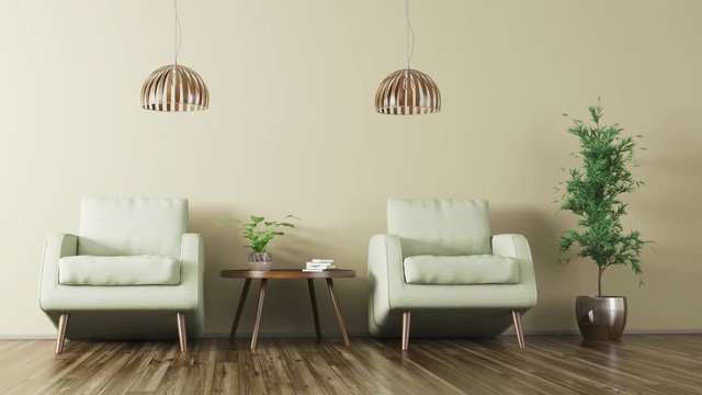 Interior of living room with armchairs animation