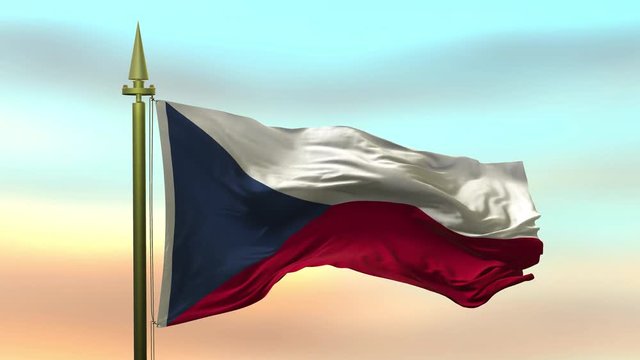 National Flag of  Czech Republic waving in the wind against the sunset sky background slow motion Seamless Loop Animation