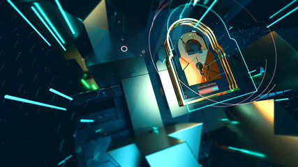Abstract crypto cyber security technology on global network background. Digital theme. 3D illustration
