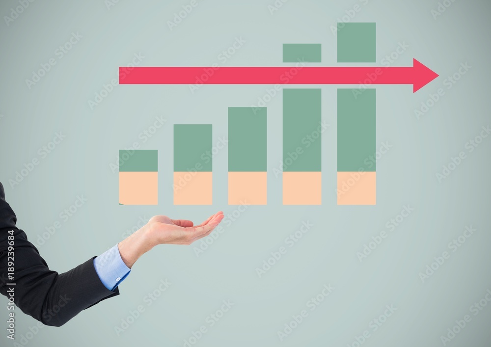 Poster hand open with colorful chart statistics arrow