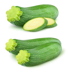 Isolated zucchini. Two images of whole and cut zucchini fruits isolated on white background with clipping path