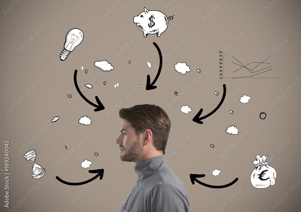 Poster man with arrows and thoughts surrounding him