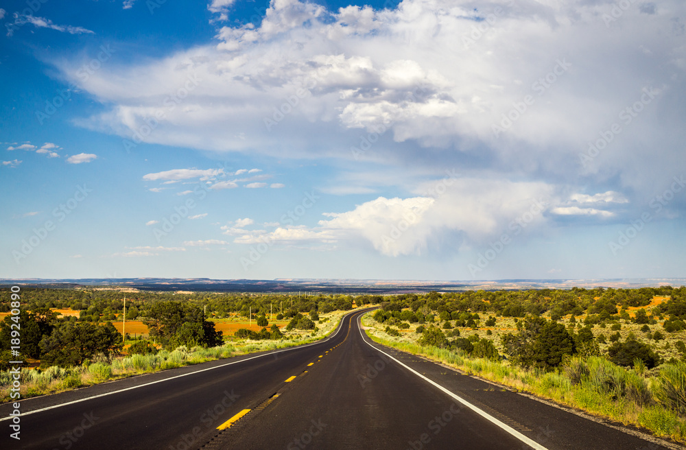 Poster Historic Route 66. Road to New Mexico from Arizona. Countryside in the USA