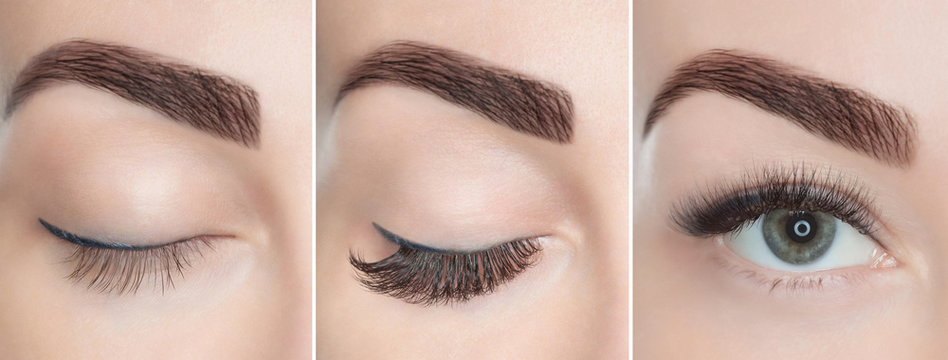 Eyelash extension procedure close up. Beautiful Woman with long lashes in a beauty salon.