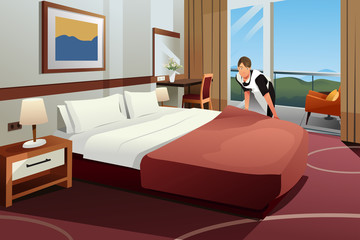 Cleaning Lady Making the Bed in a Hotel Illustration