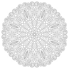 Fototapeta premium Mandala coloring book page design. Flower circular anti stress black and white vintage decorative element for adults. Monochrome oriental ethnic pattern. Hand drawn isolated vector illustration.