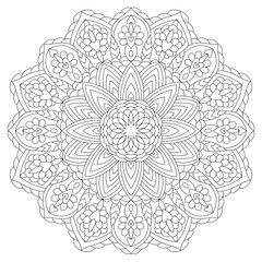 Mandala coloring book page design. Flower circular anti stress black and white vintage decorative element for adults. Monochrome oriental ethnic pattern. Hand drawn isolated vector illustration.