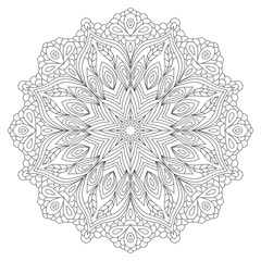 Mandala coloring book page design. Flower circular anti stress black and white vintage decorative element for adults. Monochrome oriental ethnic pattern. Hand drawn isolated vector illustration.