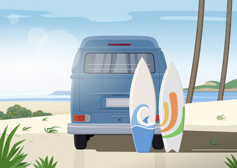 Retro Minivan with two surfboards on the beach. Old style poster or banner. Summer concert. Vector illustration.