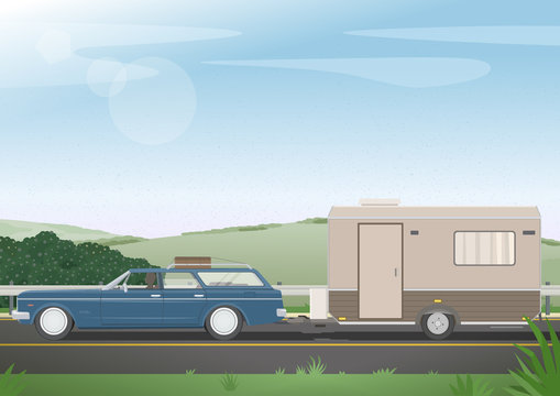 Retro style car with Trailer goes on the road. Old style poster or banner. Trailering, Camping, Outdoor recreation, Adventures in nature, Road trip. Vector illustration.