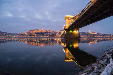 Ice flowing on river Danube at night