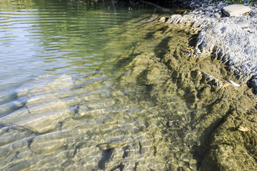 The mountain river. Shallow mountain river, water flows through the rocks. Rocks in the river water. Stones and layers of sedimentary rocks
