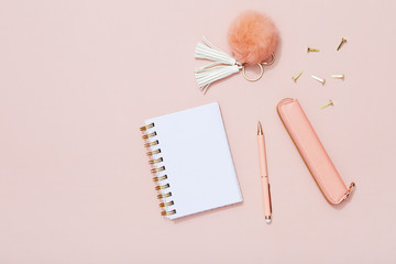 Female fashion accessories, notebook, pen, key ring on pink background, spring and summer table top flat lay