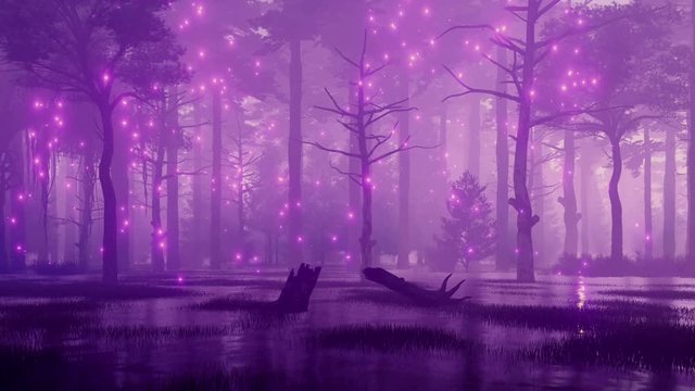 Fairytale woodland scene with mystic firefly lights flying over creepy swamp in a dark mysterious night forest. Fantasy 3D animation rendered in 4K