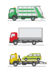 Garbage truck, truck and tow truck isolated on white background. Vector illustration. 
