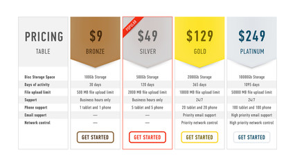 Collection of pricing plans for websites and applications. Flat hosting table banner. Vector illustration