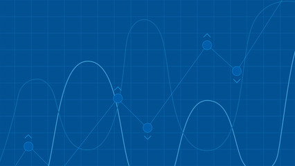 Blue grid background with abstract graph. Waves of charts growing up and falling down.