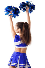 Young cheerleader in blue and white suit with pompoms on white background. Isolated on white...