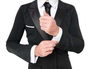 Hand fix white shirt sleeve cuff with cufflink